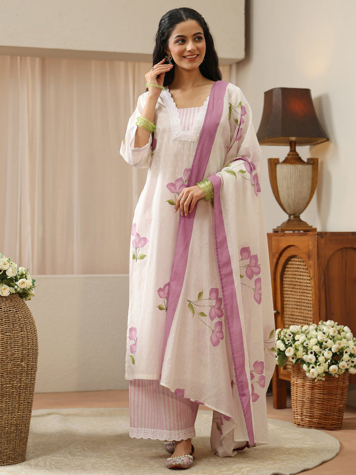 White Floral Printed Cotton Straight Suit Set