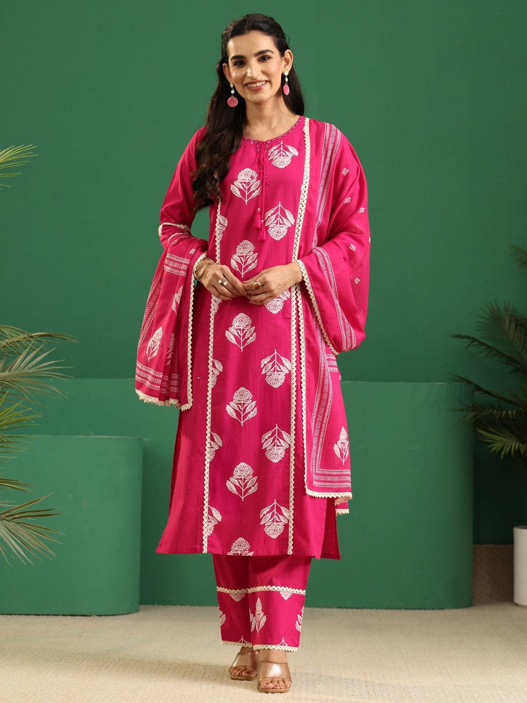 Libas Fuchsia Pink Floral Printed Cotton Straight Suit Set