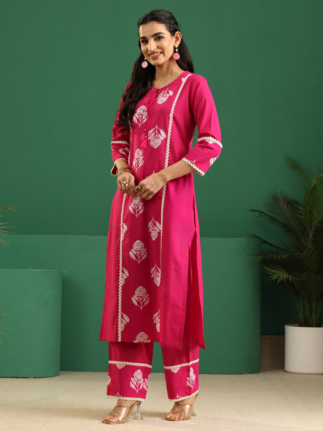 Libas Fuchsia Pink Floral Printed Cotton Straight Suit Set