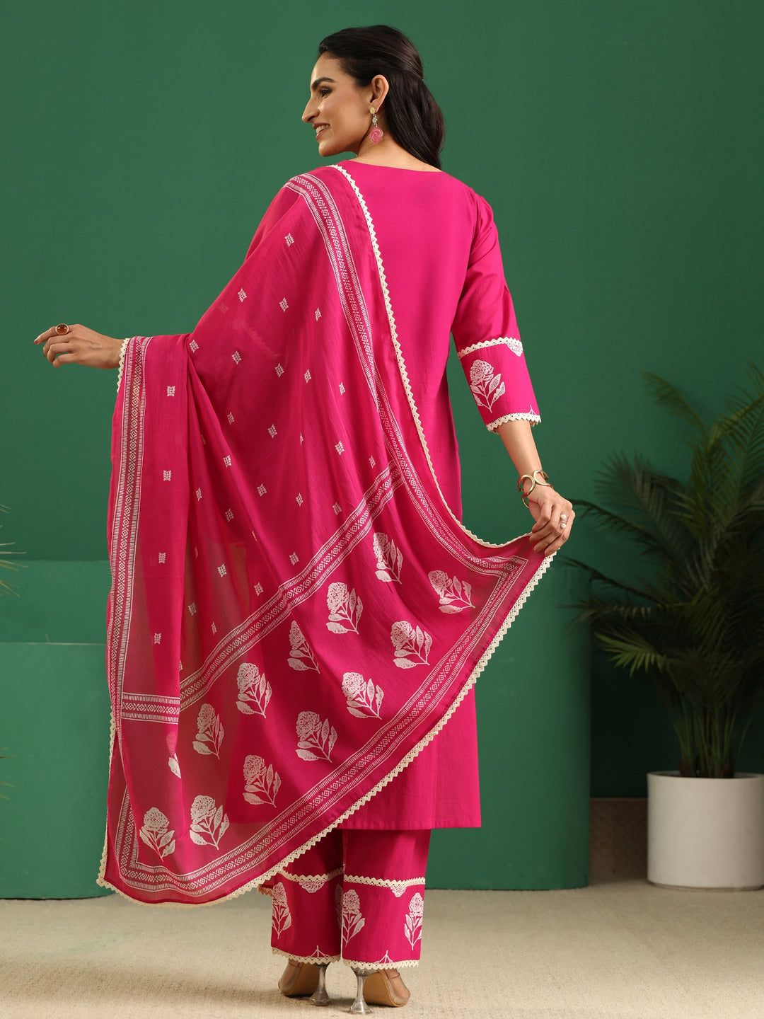 Libas Fuchsia Pink Floral Printed Cotton Straight Suit Set