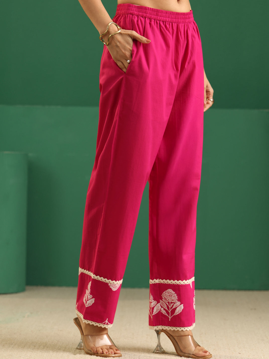 Libas Fuchsia Pink Floral Printed Cotton Straight Suit Set