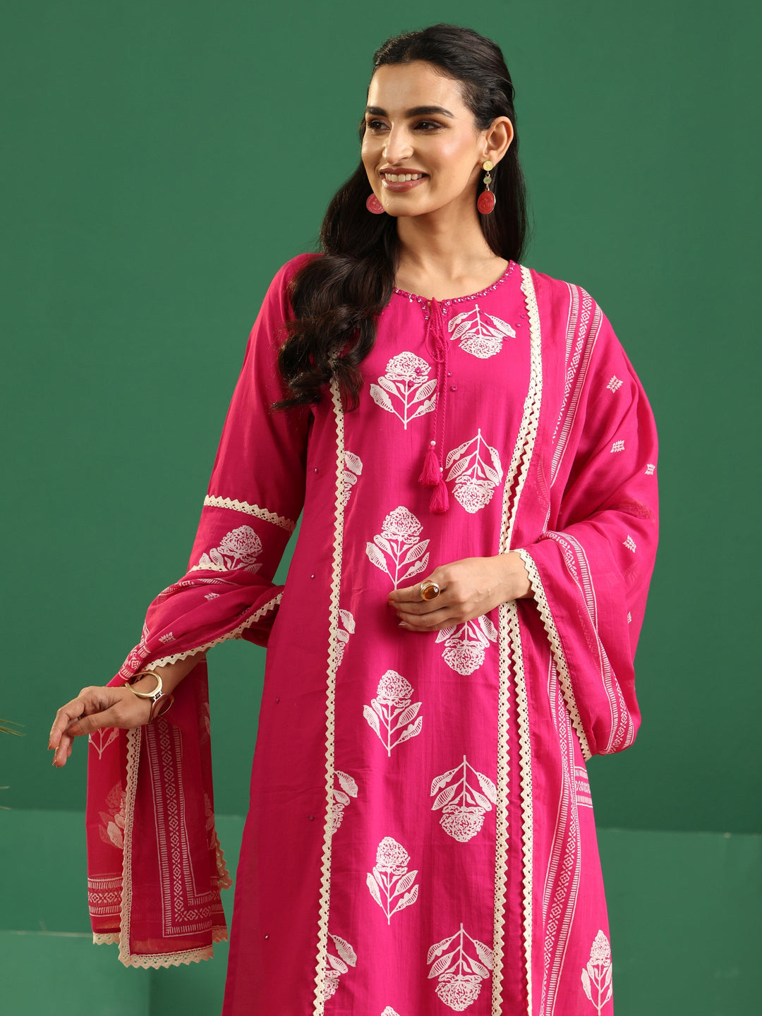 Libas Fuchsia Pink Floral Printed Cotton Straight Suit Set