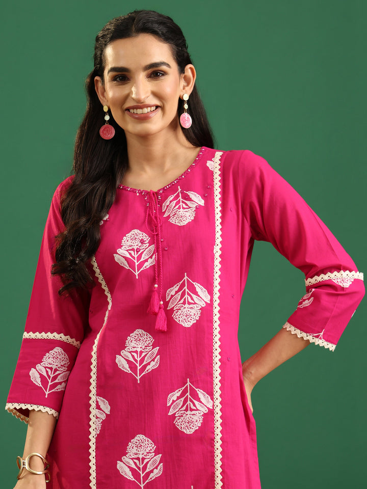 Libas Fuchsia Pink Floral Printed Cotton Straight Suit Set