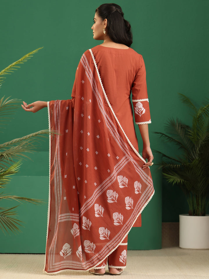Libas Burnt Orange Floral Printed Cotton Straight Suit Set