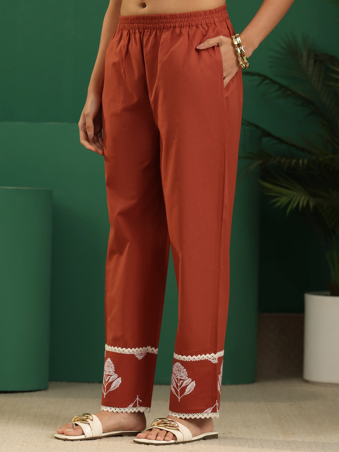 Libas Burnt Orange Floral Printed Cotton Straight Suit Set