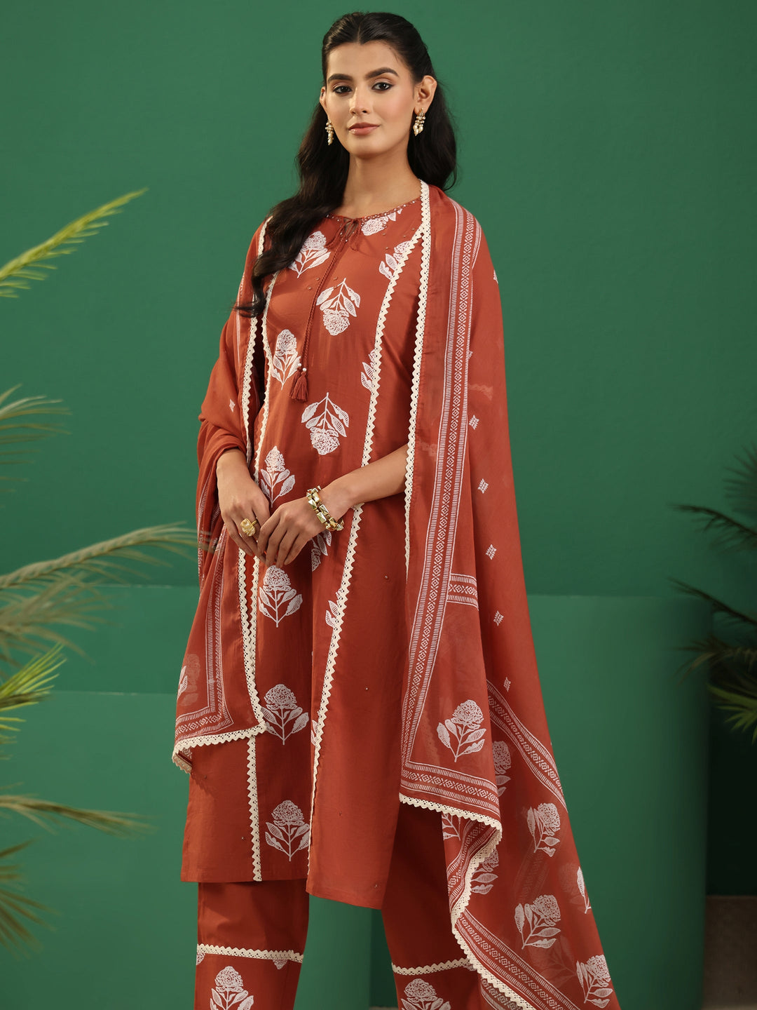 Libas Burnt Orange Floral Printed Cotton Straight Suit Set