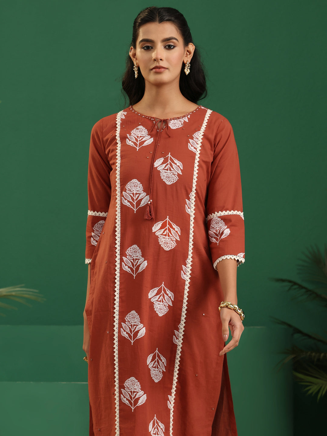 Libas Burnt Orange Floral Printed Cotton Straight Suit Set