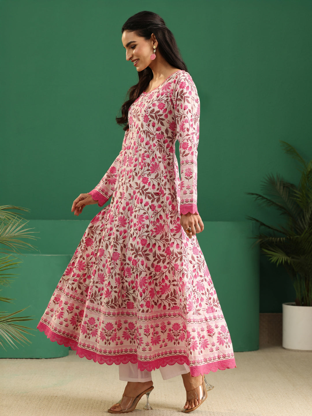 Libas Cream Floral Printed Cotton Anarkali Suit Set