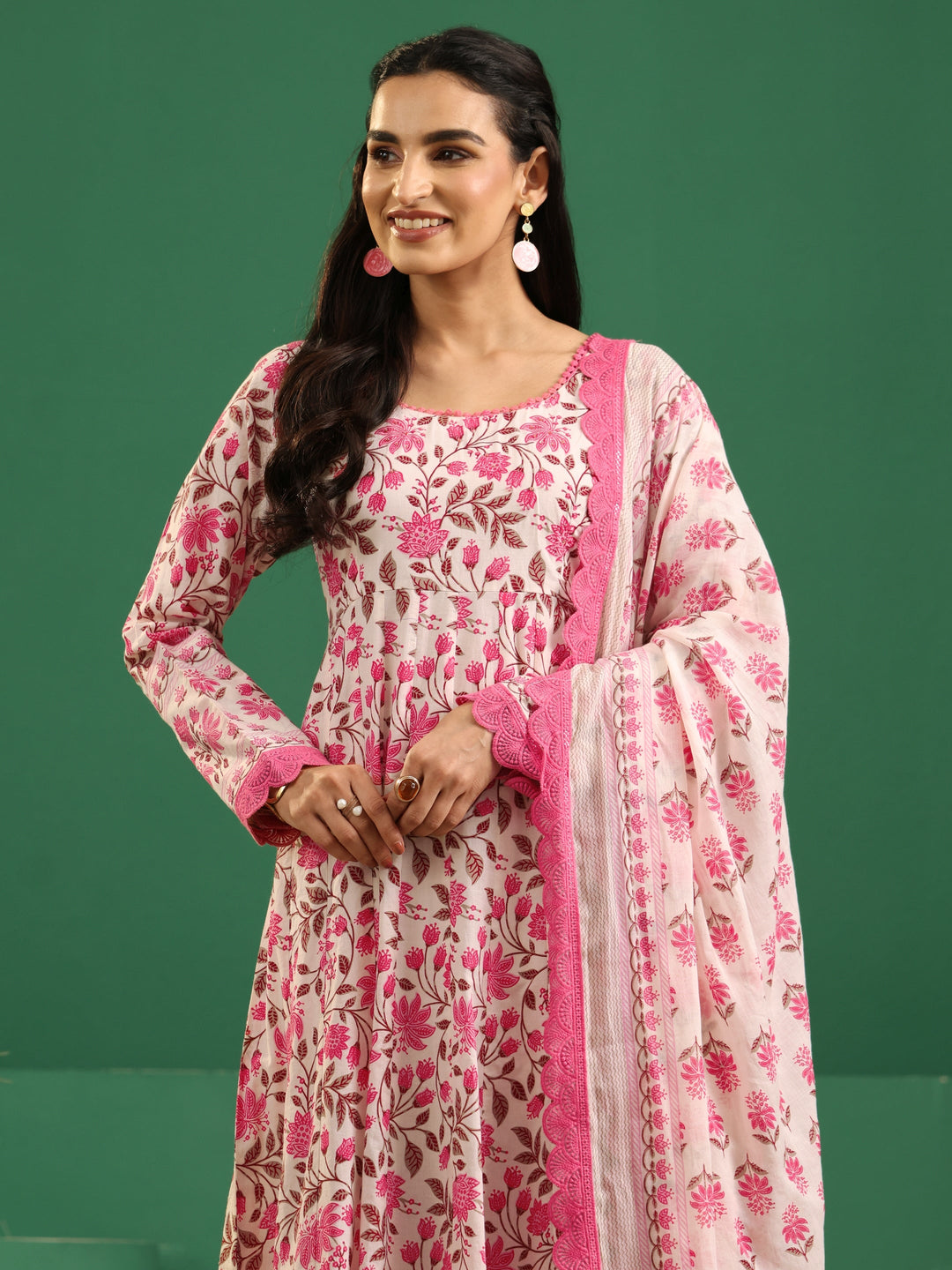 Libas Cream Floral Printed Cotton Anarkali Suit Set