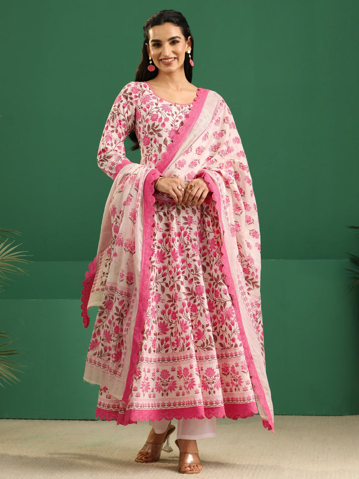 Libas Cream Floral Printed Cotton Anarkali Suit Set