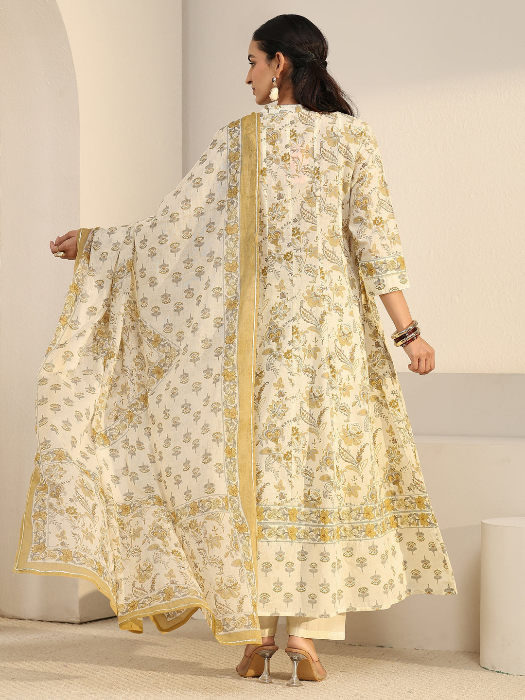 Libas Off White Floral Printed Cotton Anarkali Suit Set