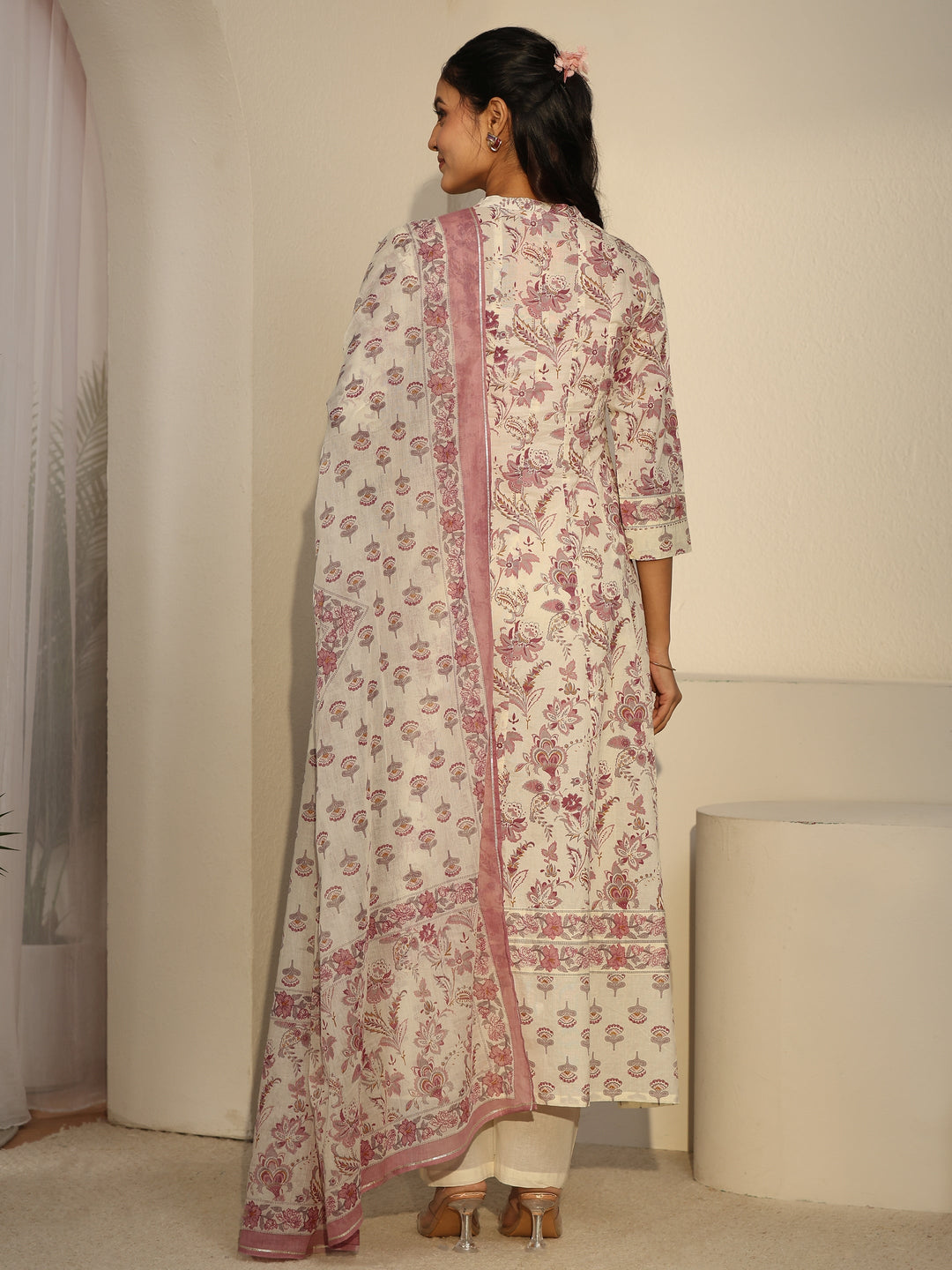 Libas Off White Floral Printed Cotton Anarkali Suit Set
