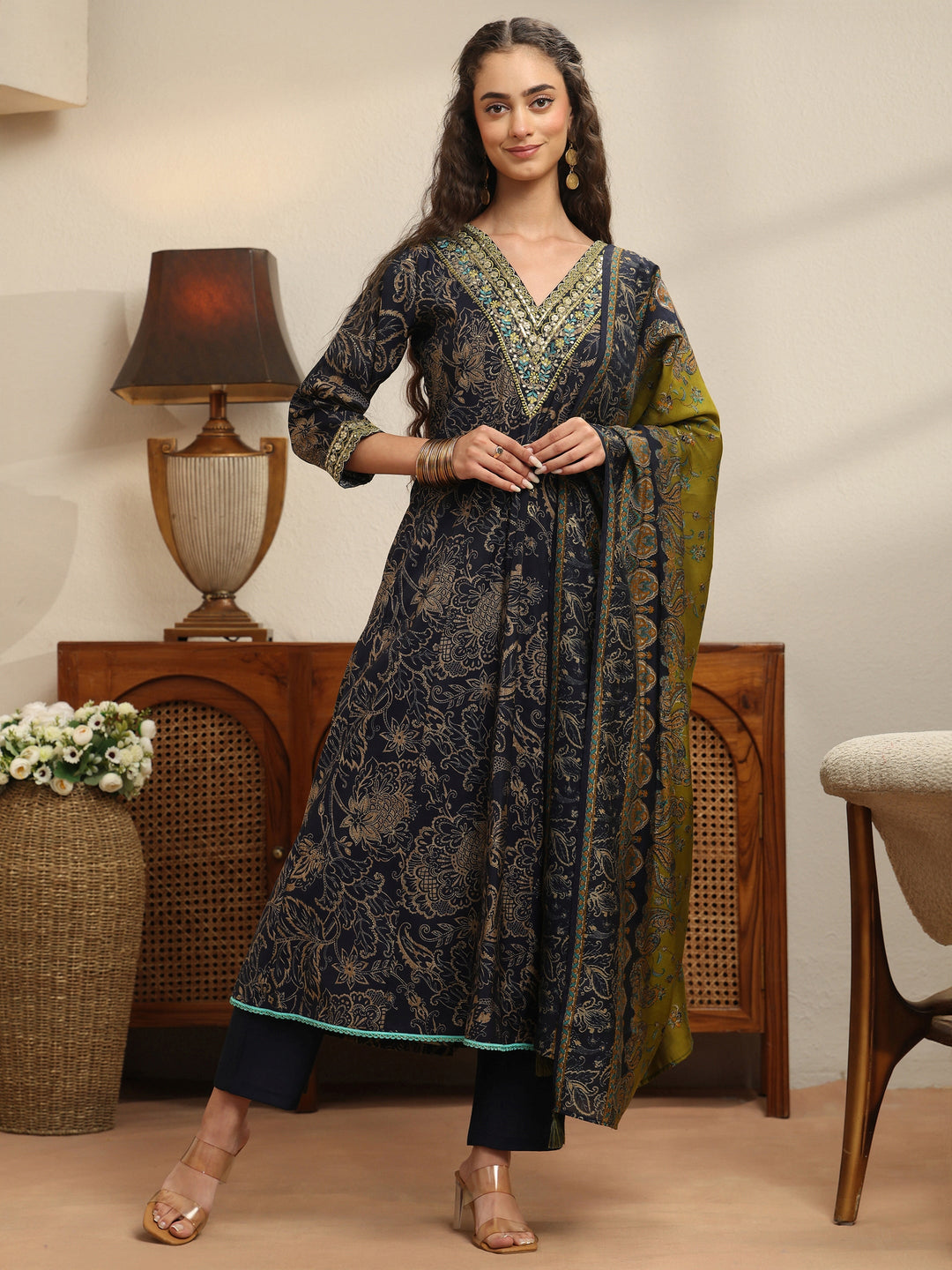 Midnight Blue Floral Printed Silk Blend Anarkali Suit Set