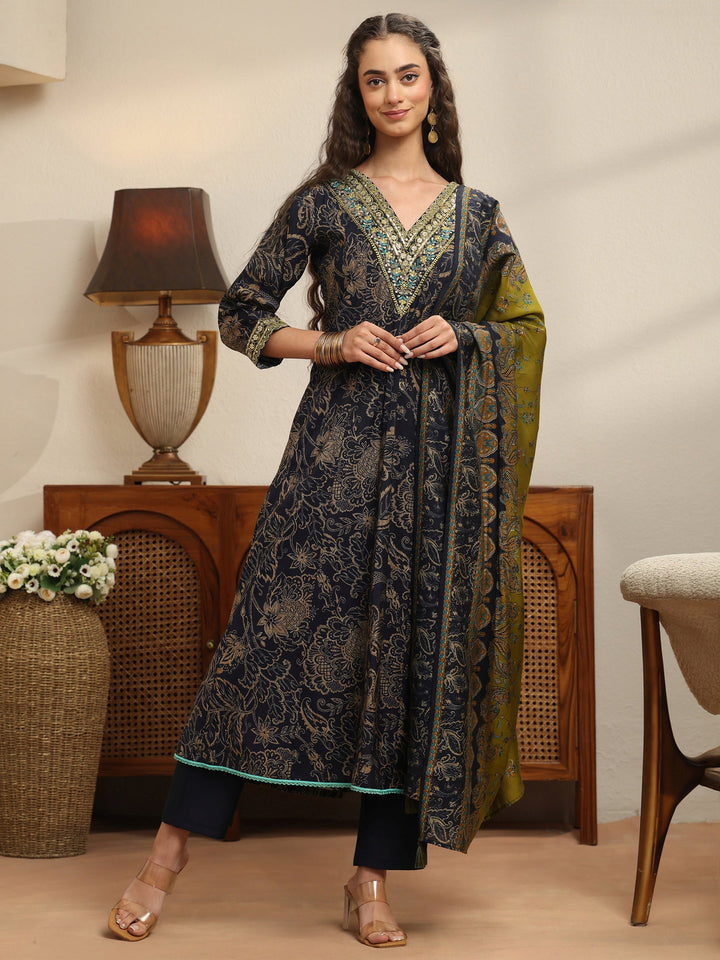 Midnight Blue Floral Printed Silk Blend Anarkali Suit Set