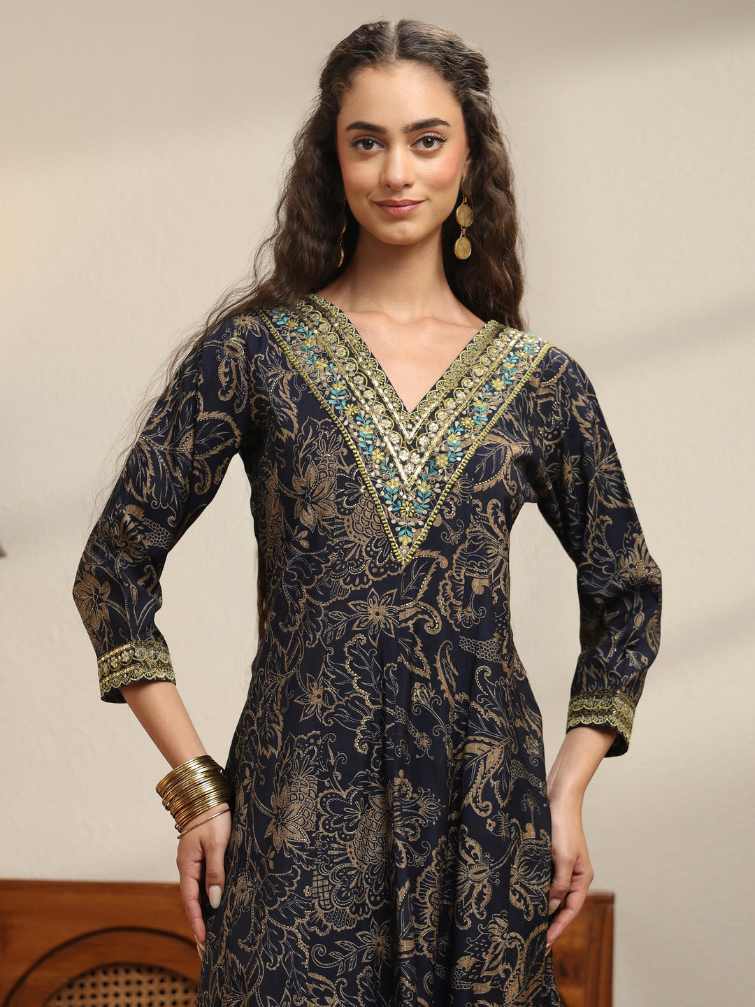 Midnight Blue Floral Printed Silk Blend Anarkali Suit Set