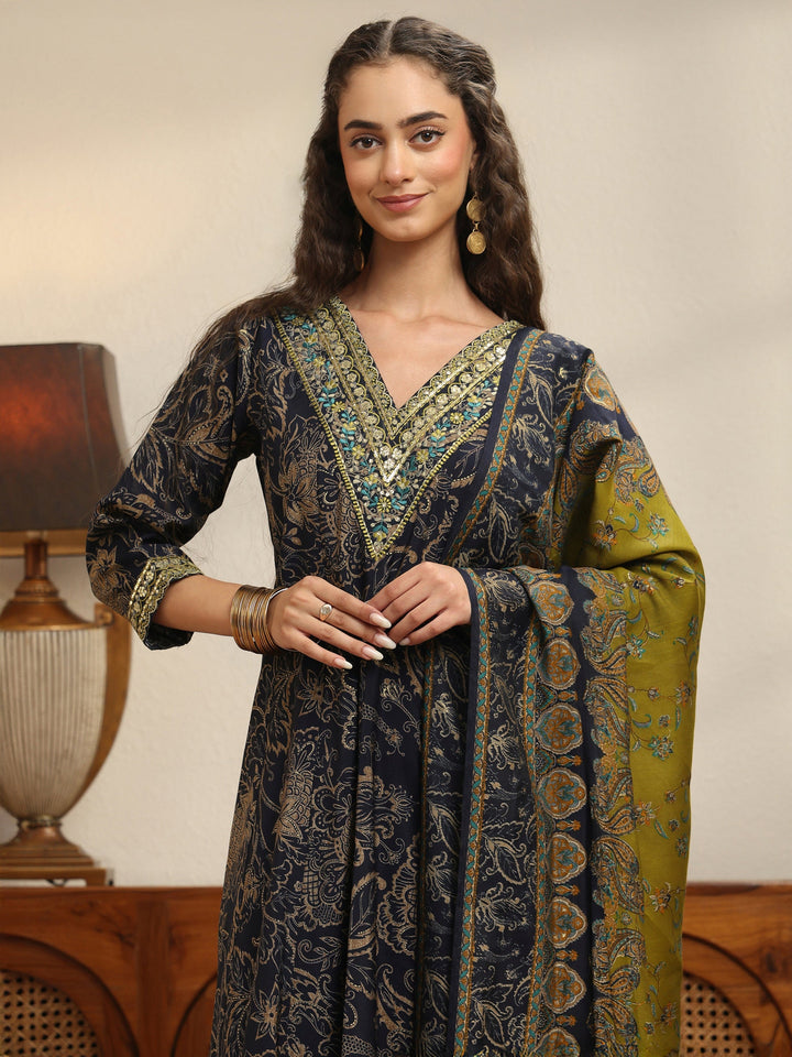 Midnight Blue Floral Printed Silk Blend Anarkali Suit Set