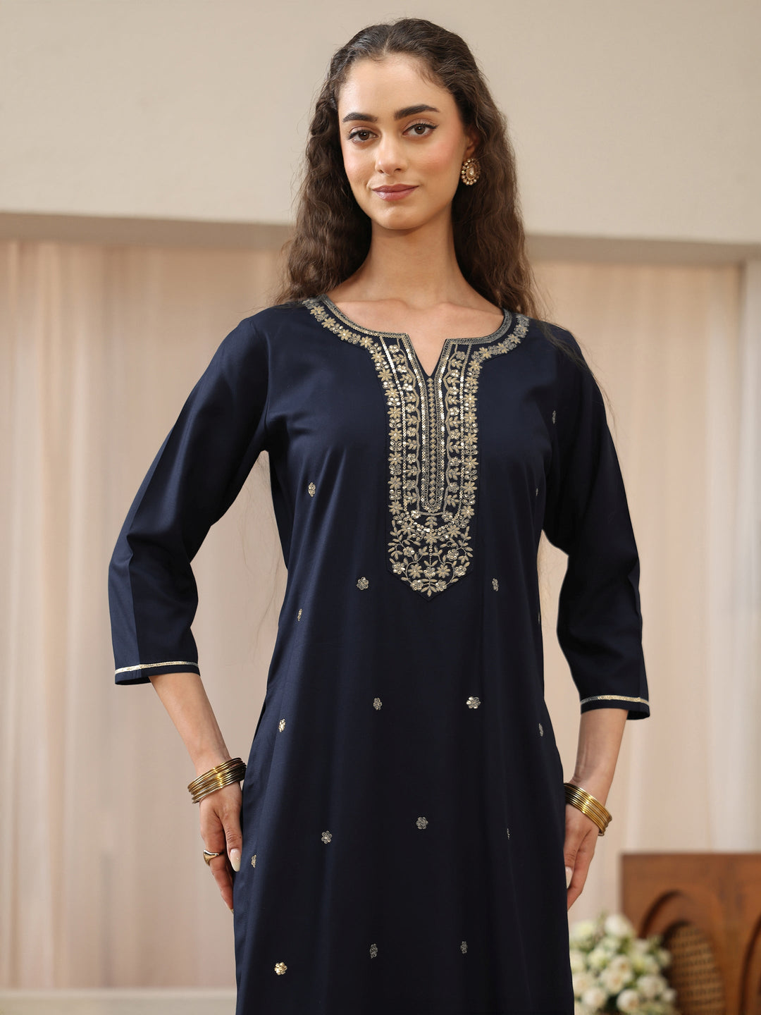 Midnight Blue Embellished Yoke Rayon Straight Suit Set