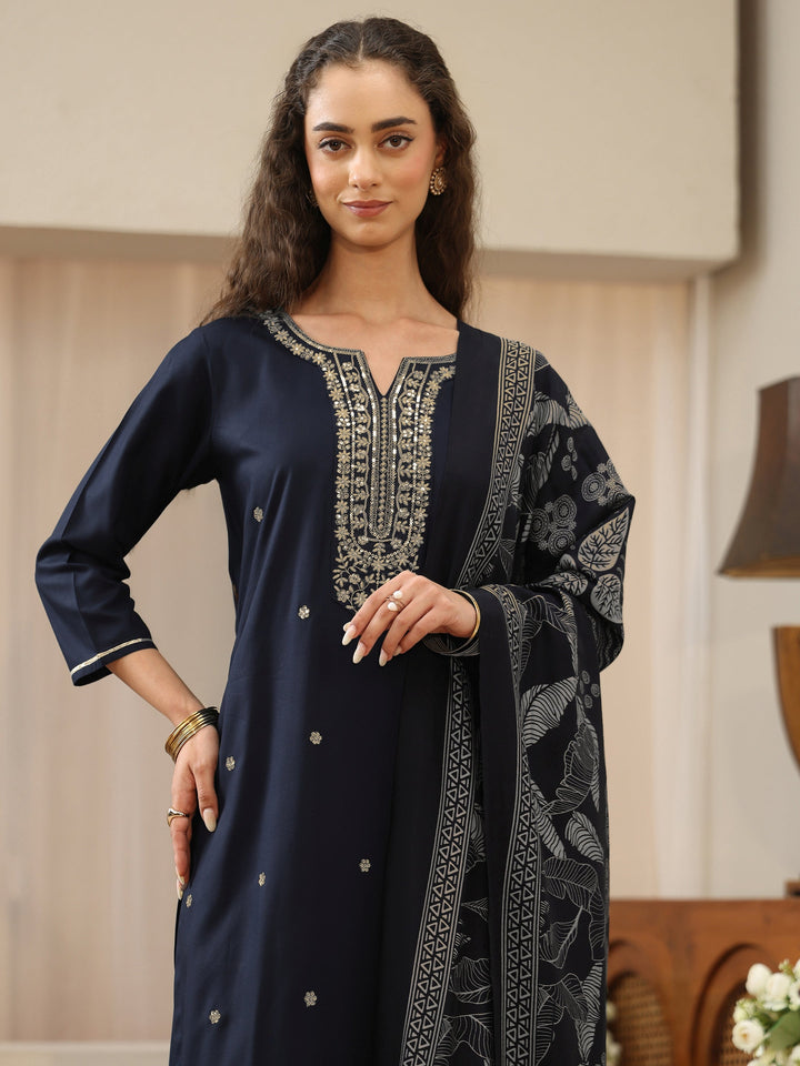 Midnight Blue Embellished Yoke Rayon Straight Suit Set