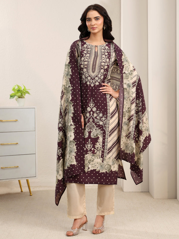 Libas Beige Floral Printed Silk Blend Straight Suit Set