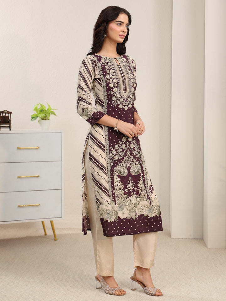 Libas Beige Floral Printed Silk Blend Straight Suit Set