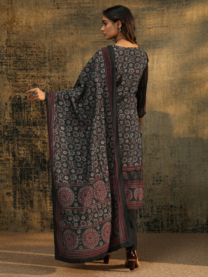 Libas Black Ajrakh Silk Blend Straight Suit Set
