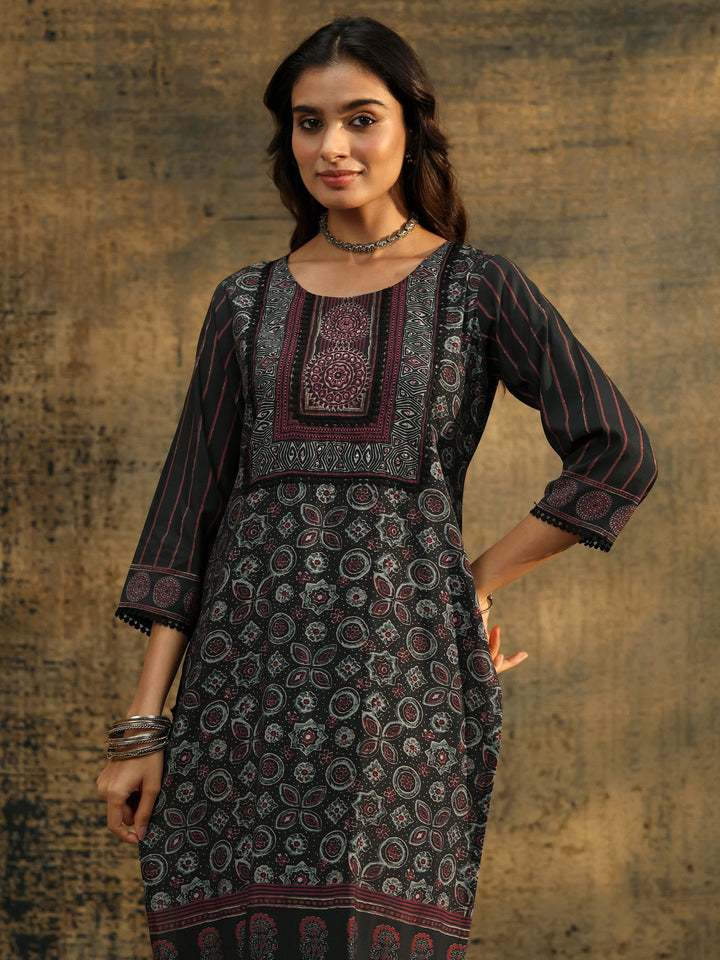 Libas Black Ajrakh Silk Blend Straight Suit Set