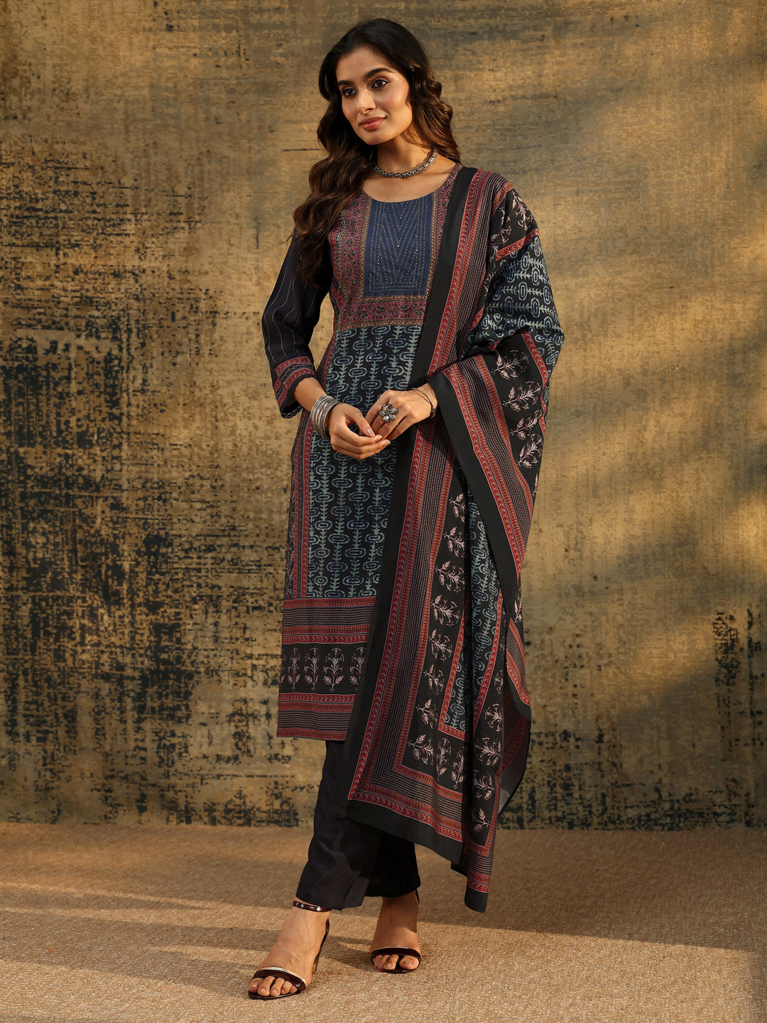 Libas Navy Blue Ajrakh Silk Blend Straight Suit Set
