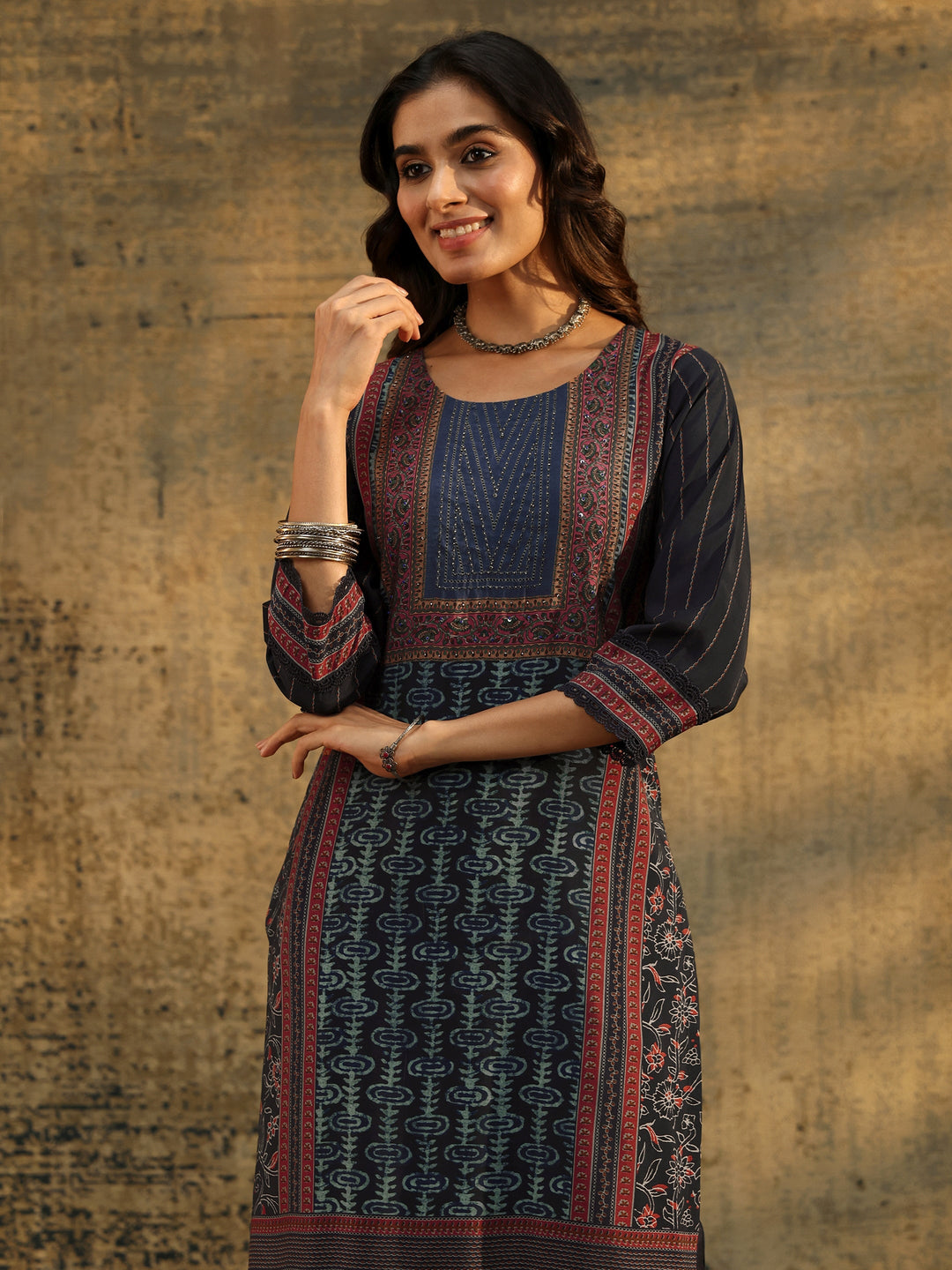 Libas Navy Blue Ajrakh Silk Blend Straight Suit Set