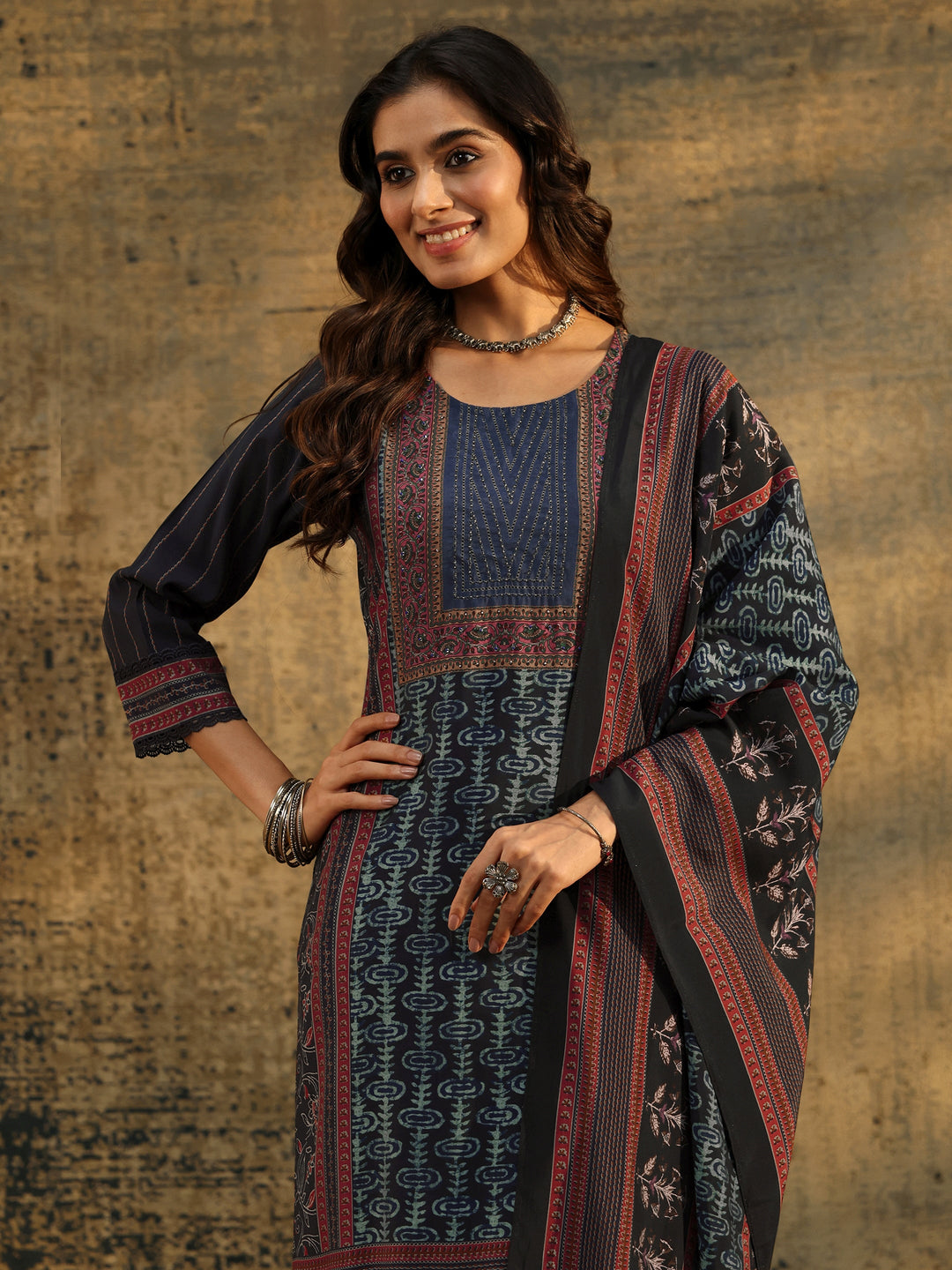 Libas Navy Blue Ajrakh Silk Blend Straight Suit Set