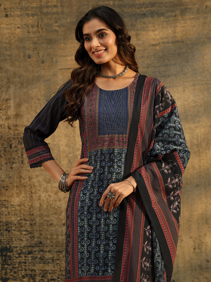 Libas Navy Blue Ajrakh Silk Blend Straight Suit Set