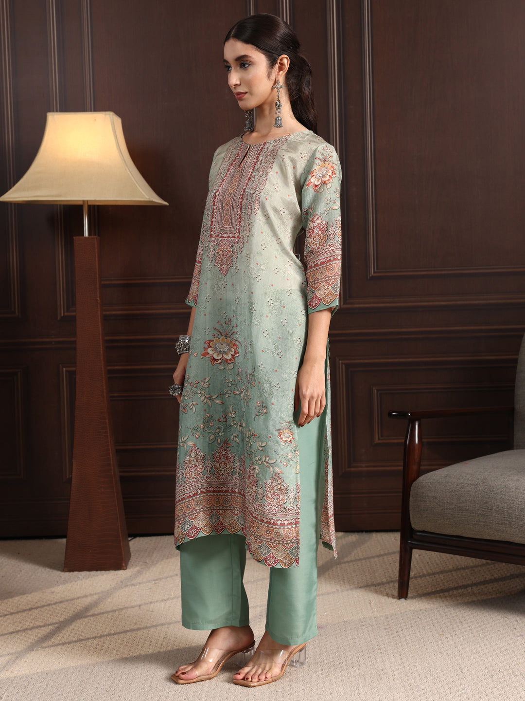 Libas Sea Green Floral Printed Silk Blend Straight Suit Set
