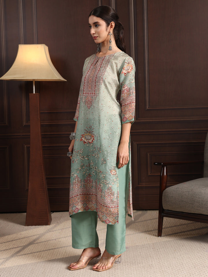 Libas Sea Green Floral Printed Silk Blend Straight Suit Set
