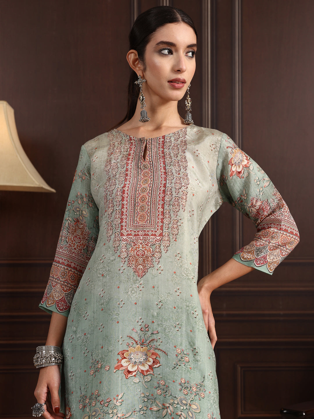 Libas Sea Green Floral Printed Silk Blend Straight Suit Set