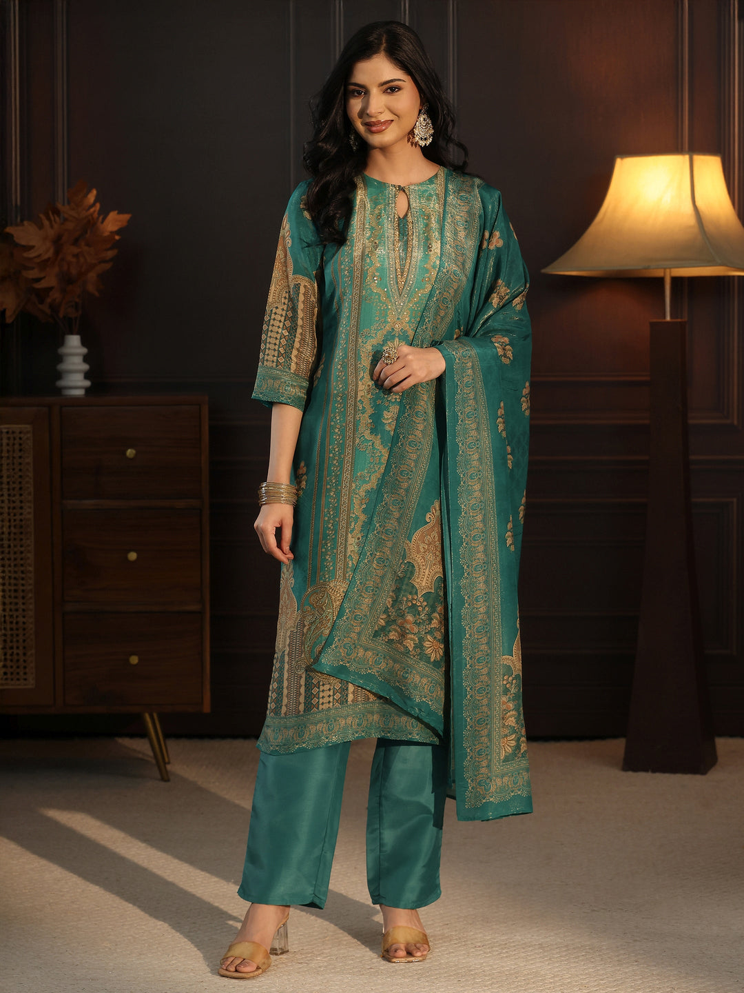 Libas Sea Green Printed Silk Blend Straight Suit Set