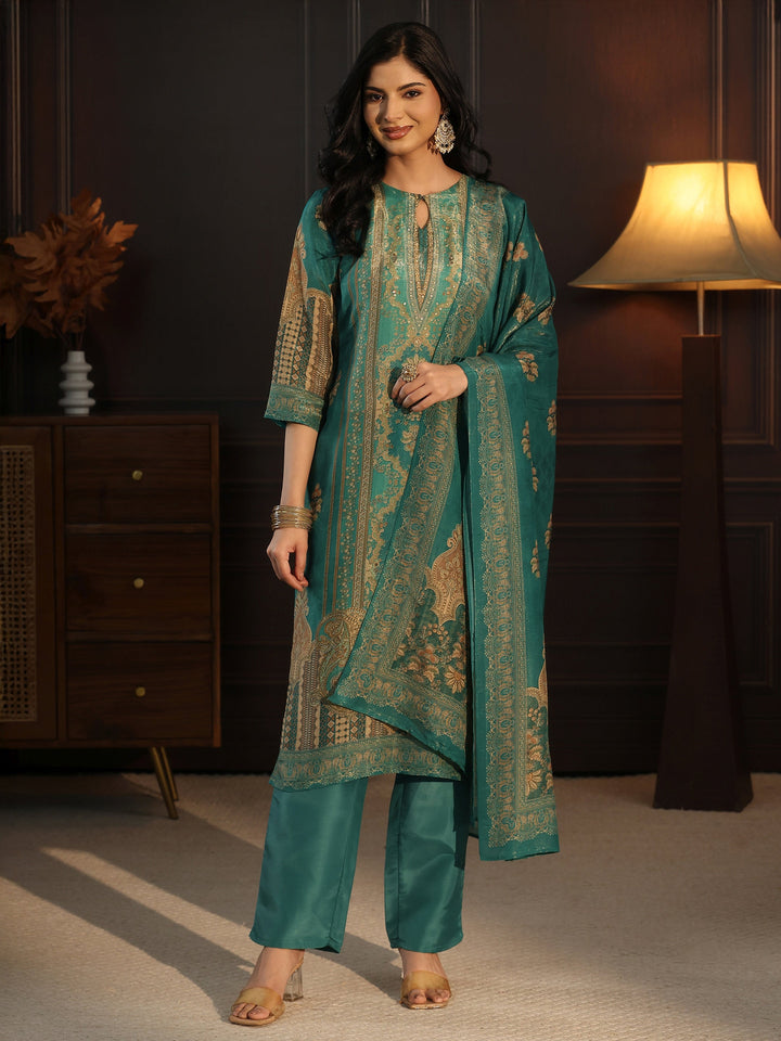 Libas Sea Green Printed Silk Blend Straight Suit Set