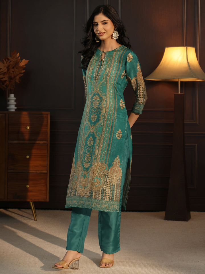 Libas Sea Green Printed Silk Blend Straight Suit Set