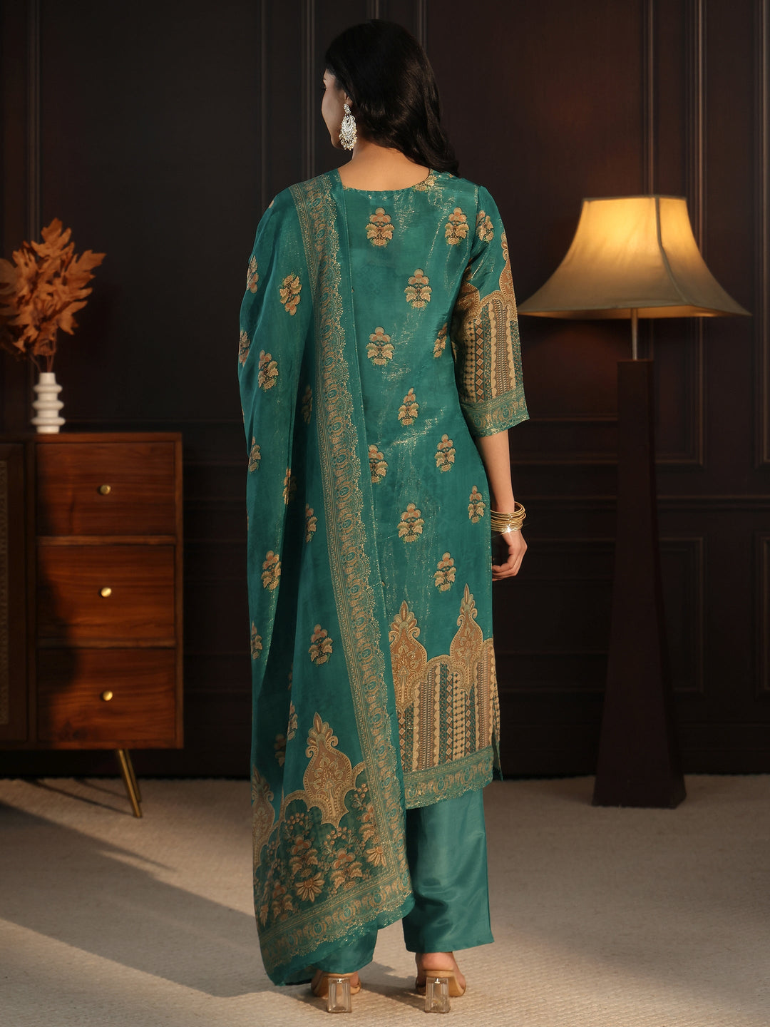 Libas Sea Green Printed Silk Blend Straight Suit Set