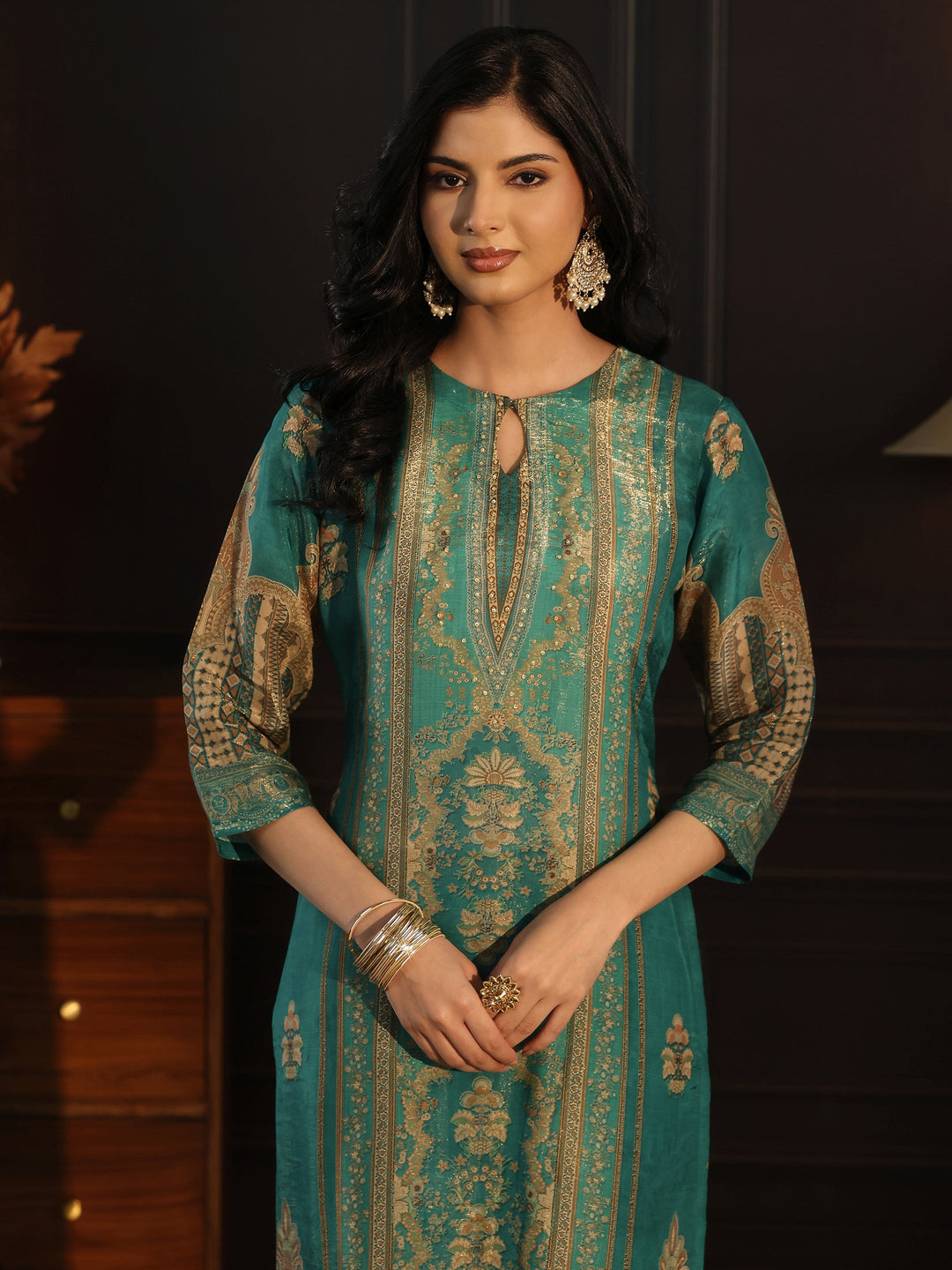 Libas Sea Green Printed Silk Blend Straight Suit Set