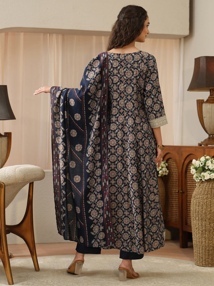 Navy Blue Mandala Print Silk Blend Anarkali Suit Set