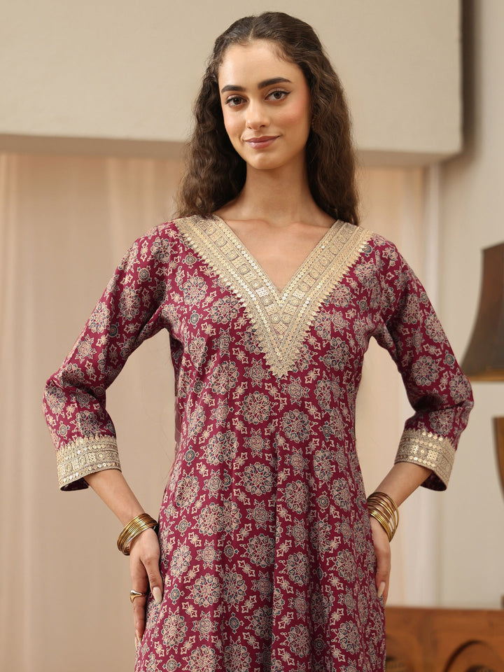 Maroon Mandala Print Silk Blend Anarkali Suit Set