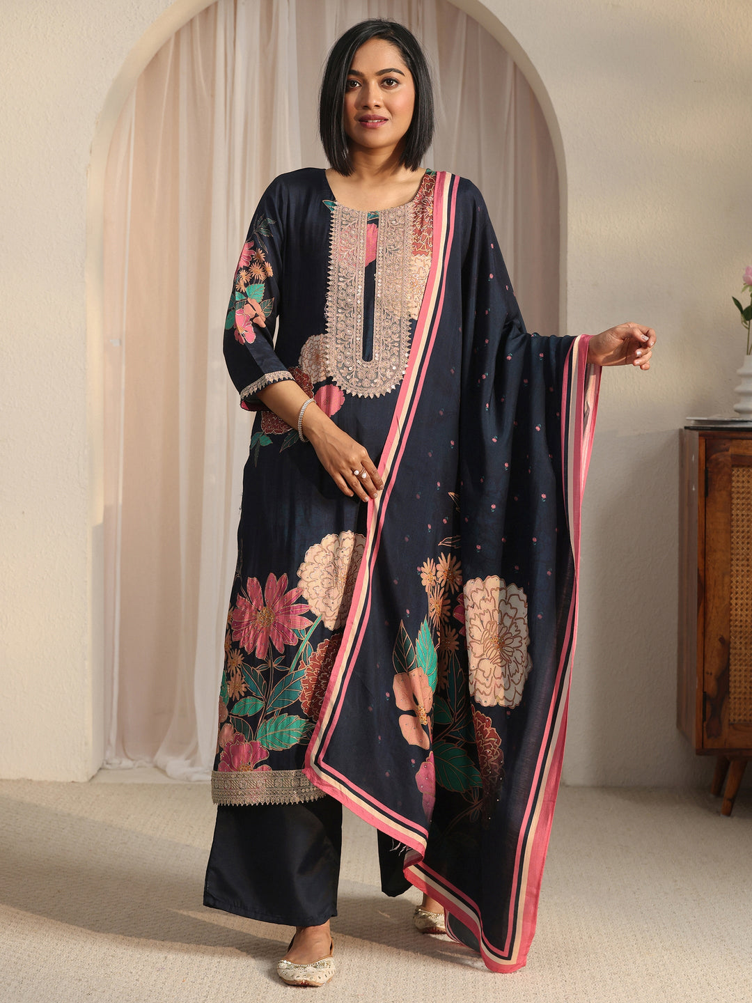Libas Navy Blue Floral Printed Muslin Straight Suit Set