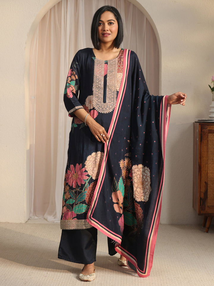 Libas Navy Blue Floral Printed Muslin Straight Suit Set