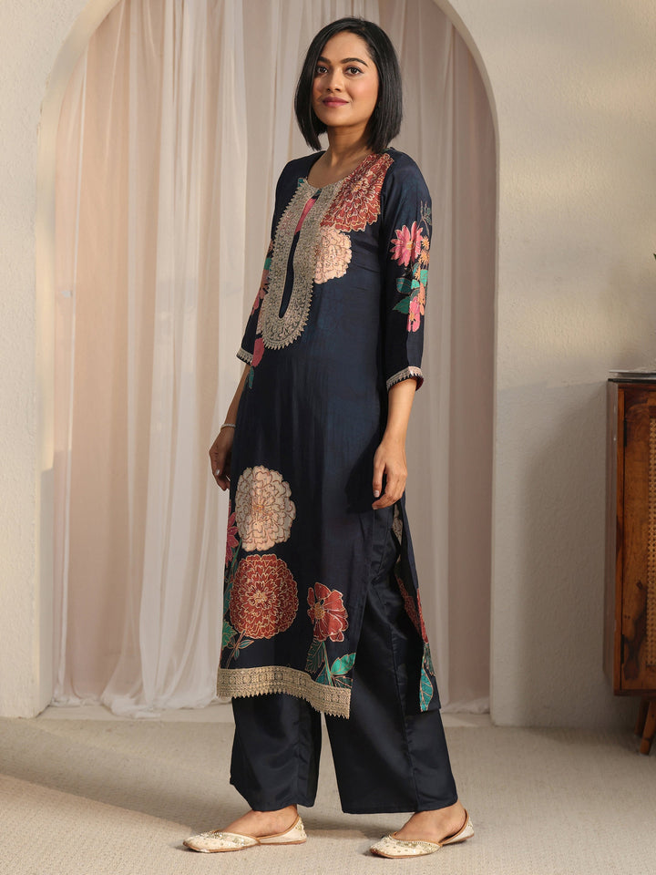 Libas Navy Blue Floral Printed Muslin Straight Suit Set