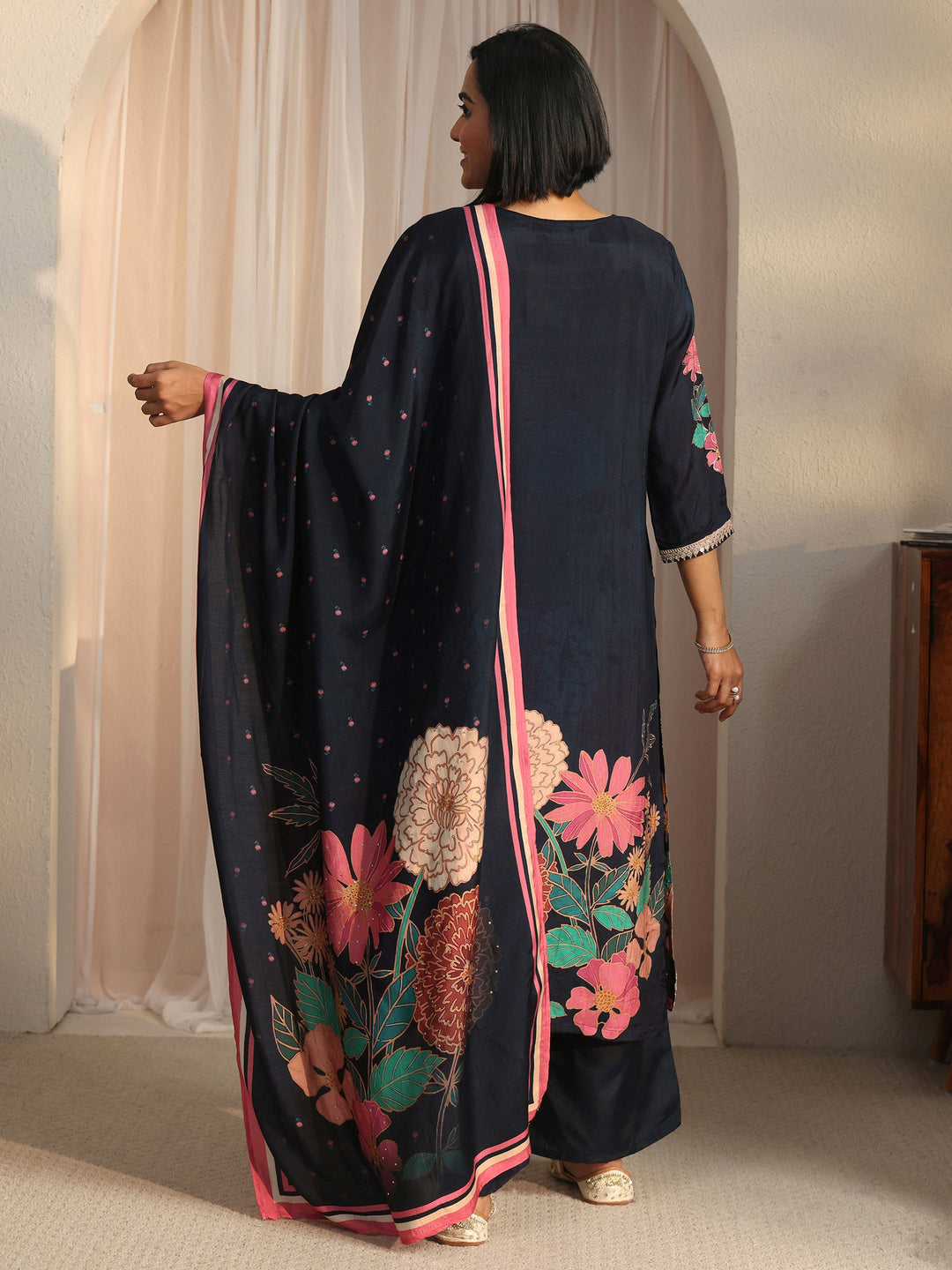 Libas Navy Blue Floral Printed Muslin Straight Suit Set