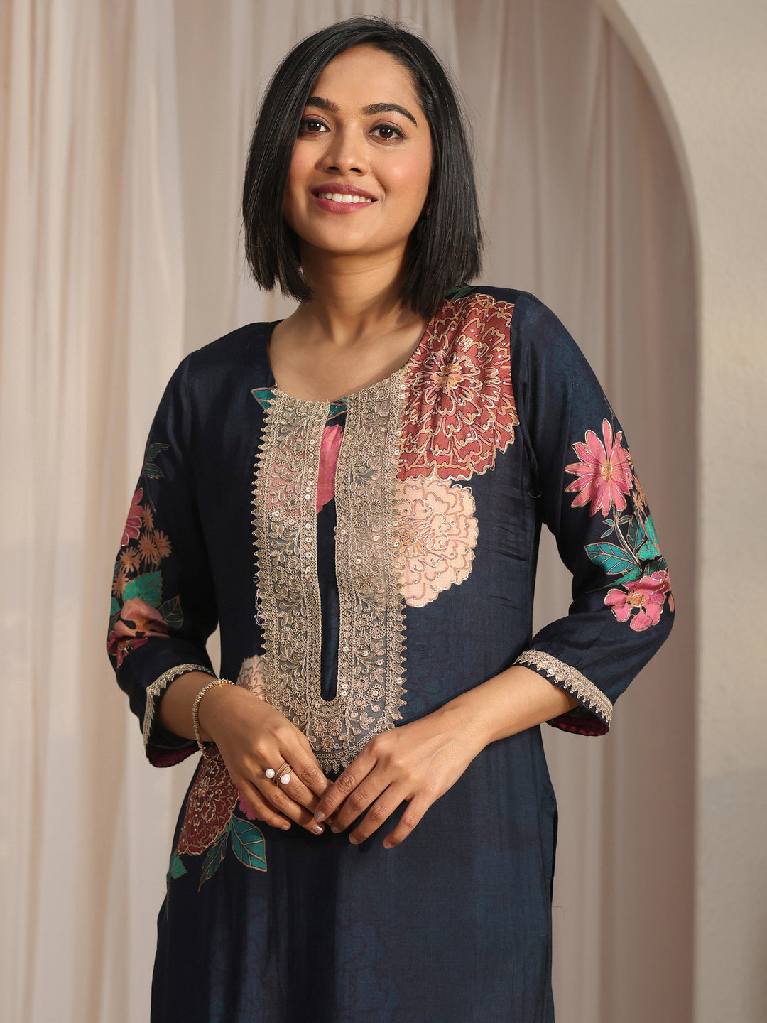 Libas Navy Blue Floral Printed Muslin Straight Suit Set