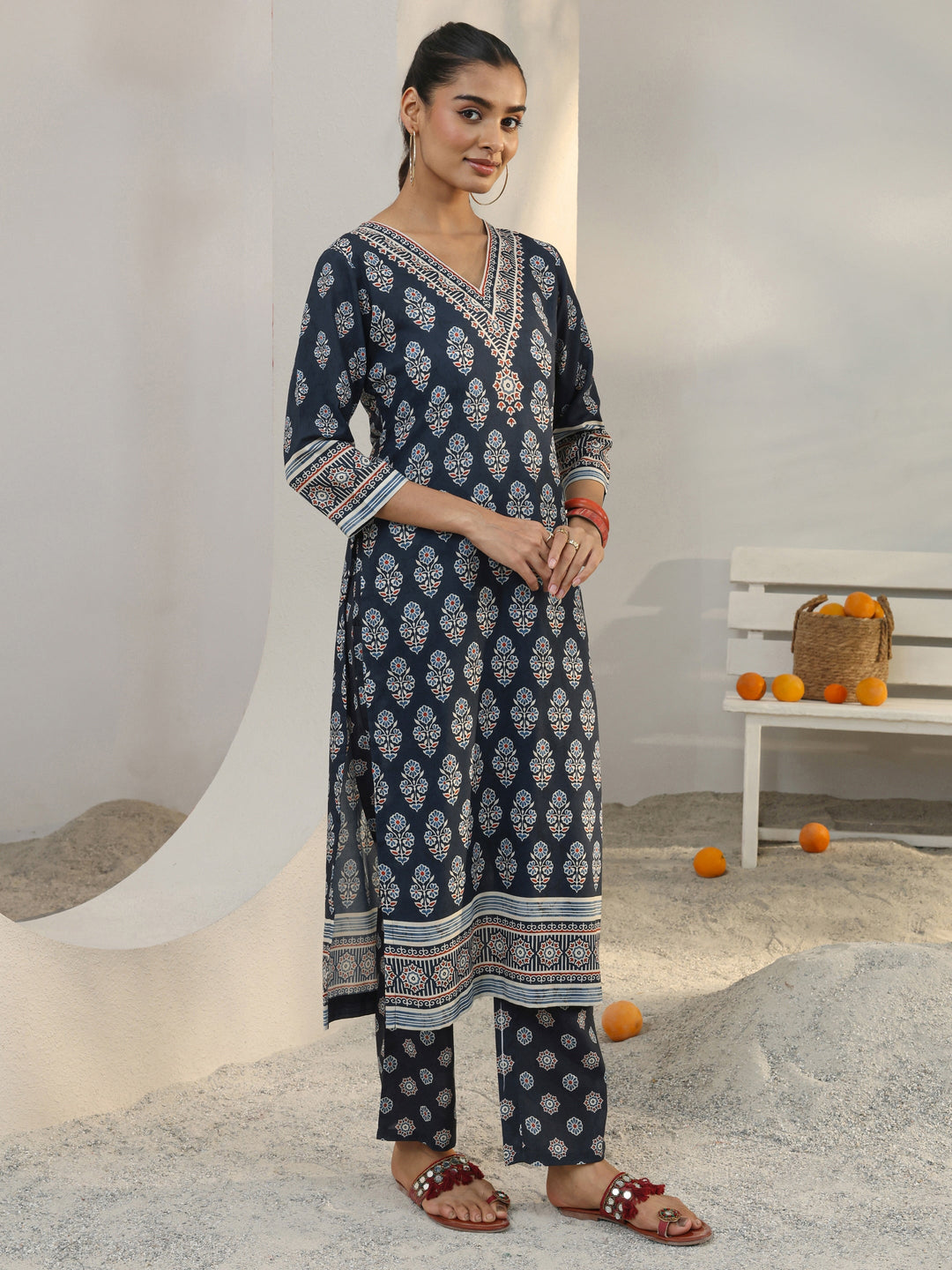 Blue Floral Printed Cotton Blend Straight Kurta Set