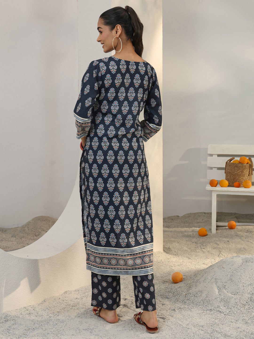 Blue Floral Printed Cotton Blend Straight Kurta Set