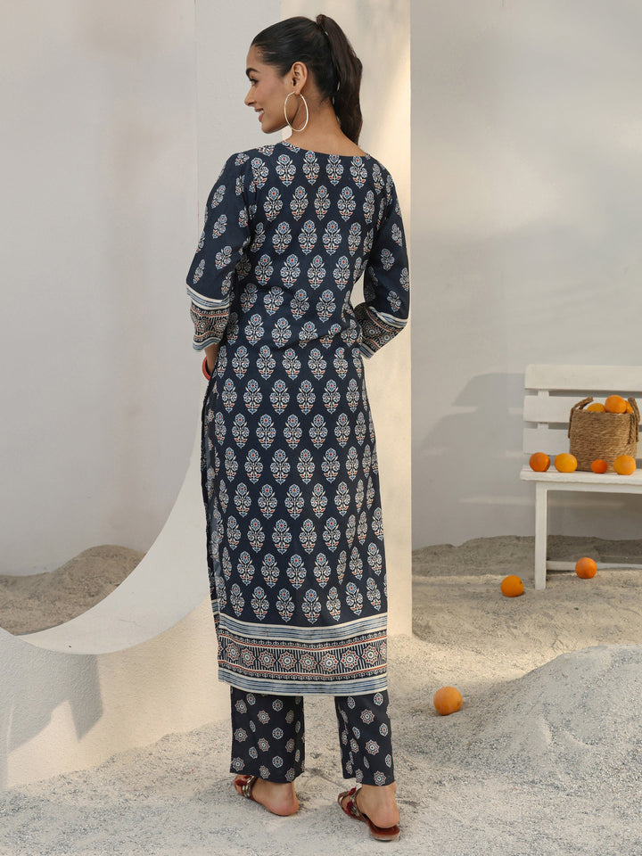 Blue Floral Printed Cotton Blend Straight Kurta Set