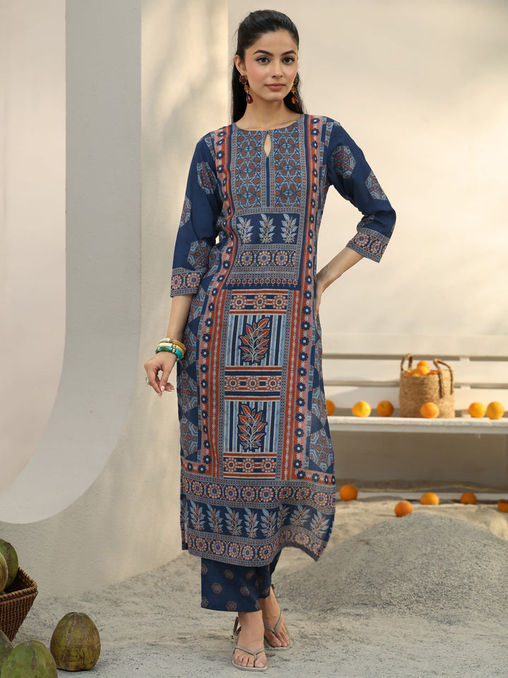 Blue Ethnic Printed Cotton Blend Straight Kurta Set