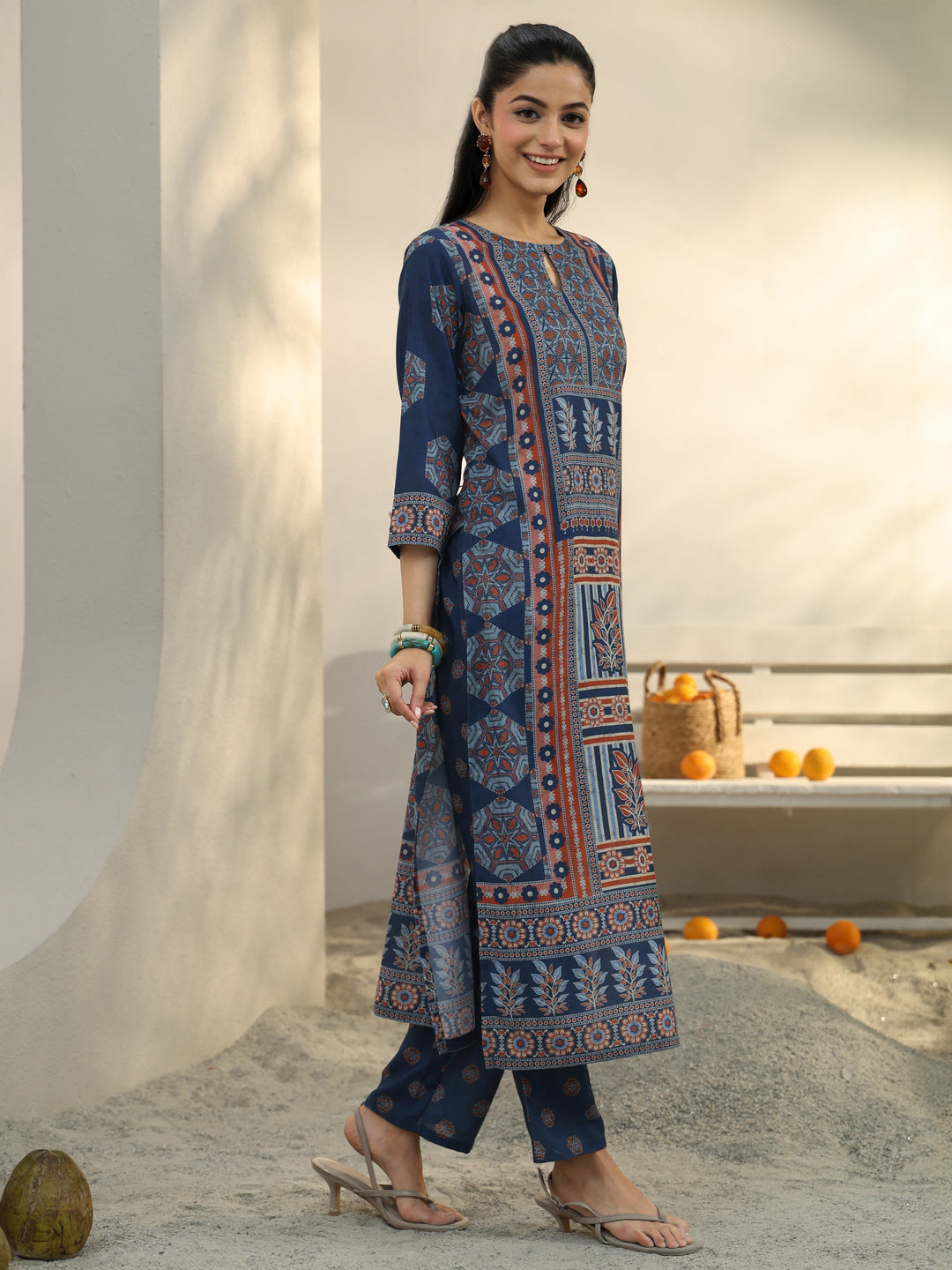 Blue Ethnic Printed Cotton Blend Straight Kurta Set